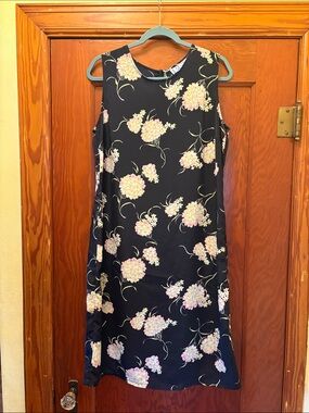 Sleeveless Dark Blue Floral Dress and matching jacket with Pink Hydrangea Print